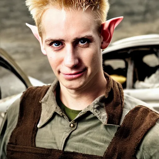 Image similar to close up headshot of a skinny high-fantasy elf with a long face narrow chin and spiky blonde hair wearing dark brown overalls and holding a bomb next to a destroyed car, gel spiked blond hair, small ears, high resolution film still, HDR color