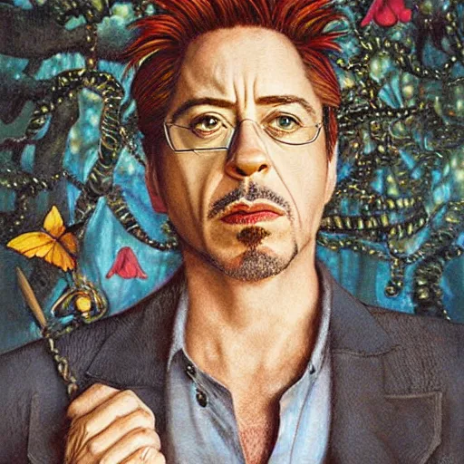 Prompt: Robert Downey JR, artwork by Daniel Merriam,