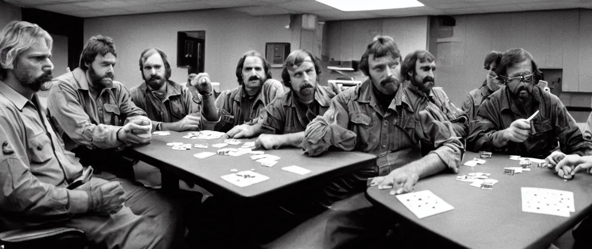 Image similar to a high quality extreme wide establishing shot hd 4 k film 3 5 mm color photograph of a group of grizzled caucasian male civilian military contractors sitting at a square table playing cards in a dimly lit breakroom smoking ciggarettes in 1 9 8 2