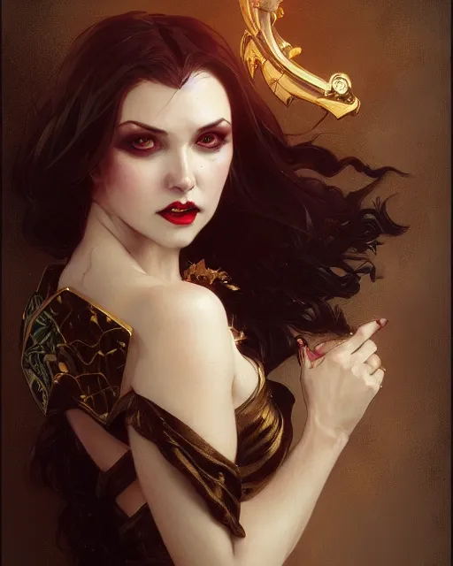 Prompt: female vampire, perfect face, gold corset, cinematic, stunning, highly detailed, digital painting, artstation, smooth, hard focus, illustration, art by artgerm and greg rutkowski and alphonse mucha