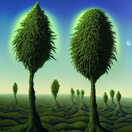 Prompt: surrealistic painting of cannabis trees on alien planet, by vladimir kush