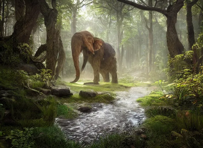 Image similar to hyperrealism, detailed textures, photorealistic, 3 d render, a surreal mystical forest with a bright winding creek with a herd of wooly mammoths grazing, ultra realistic cinematic, intricate, cinematic light, concept art, illustration, art station, unreal engine