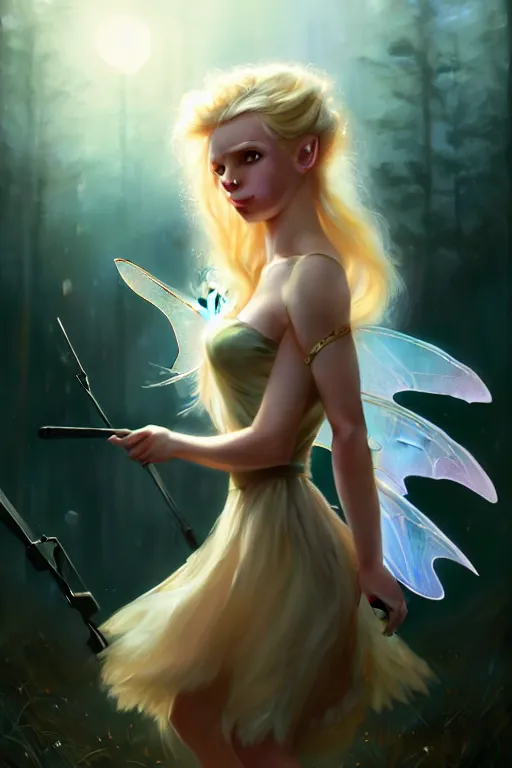 Image similar to cinematic shot of an epic portrait of a cute blonde fairy dressed in military clothes, stylised military clothes, shiny skin, beautiful eyes, beautiful, small details, night setting, realistic poster with volumetric light from craig mallism, artgerm, jeremy lipkin and michael garmash, unreal engine, radiant light, digital art, trends at art station, a masterpiece