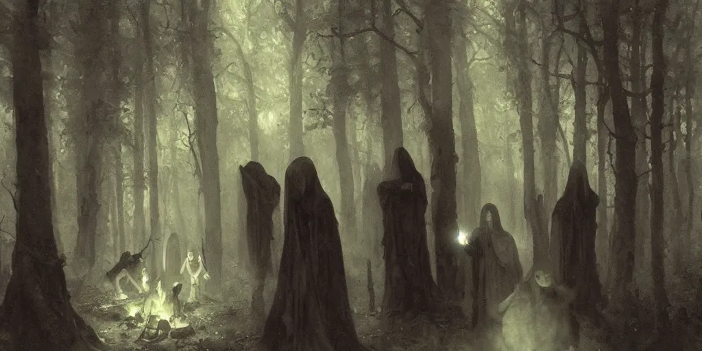 Prompt: occultist satanic cult of several people summoning a powerful demon in the woods, ominous atmosphere, art by artem demura, william bouguereau