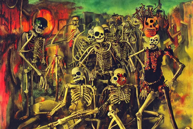 Image similar to scene from apocalypse now, day of the dead, cyber skeleton, neon painting by otto dix