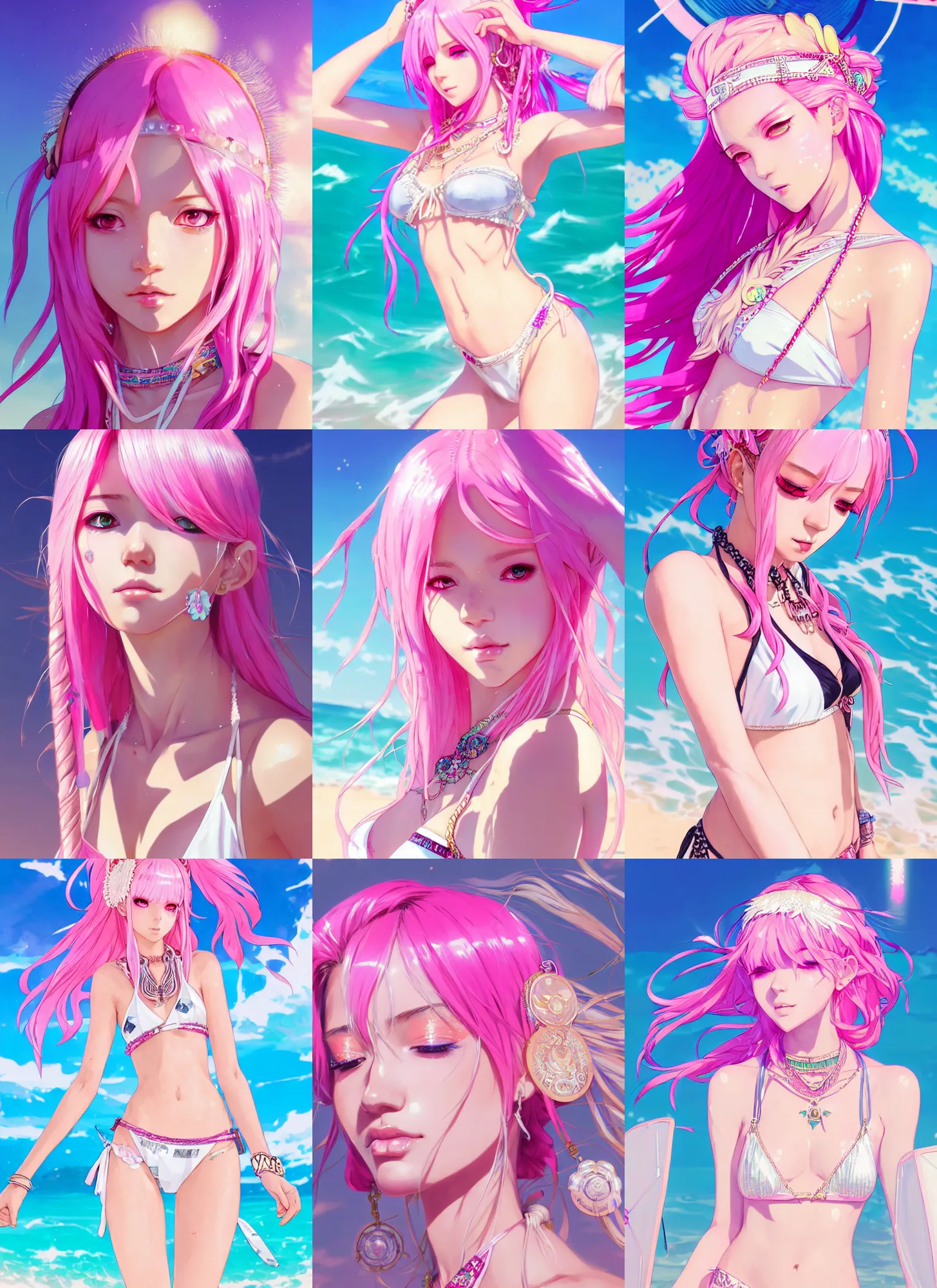 Prompt: portrait of a beautiful girl with pink hair with boho accessories, in white reflective bikini at beach, symmetry face, top lighting, anime style, highly detailed, seraphine ahri kda, art by hidari and krenz and wenjun lin and starember and kuvshinov ilya and kidmo and rossdraws and artgerm