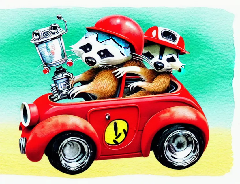 Image similar to cute and funny, { racoon wearing a red helmet } riding in a tiny hot rod with oversized engine, ratfink style by ed roth, centered award winning watercolor pen illustration, isometric illustration by chihiro iwasaki, edited by range murata, tiny details by artgerm and watercolor girl, symmetrically isometrically centered