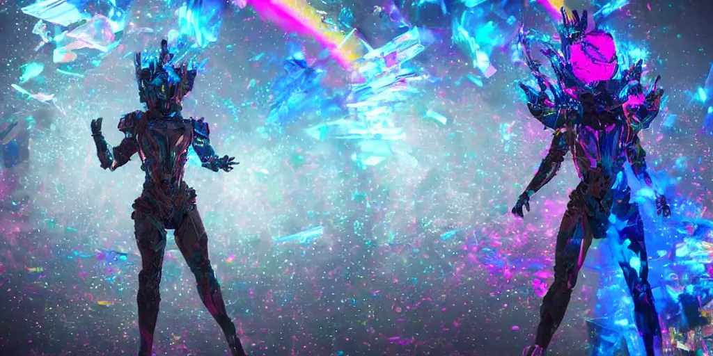 Prompt: a photo of 8k ultra realistic corrupted rainbow humanoid queen standing next to a spaceship window overlooking earth, swarm of translucent shards, ornate pink and blue armour, cinematic lighting, trending on artstation, 4k, hyperrealistic, focused, extreme details, unreal engine 5, cinematic, masterpiece