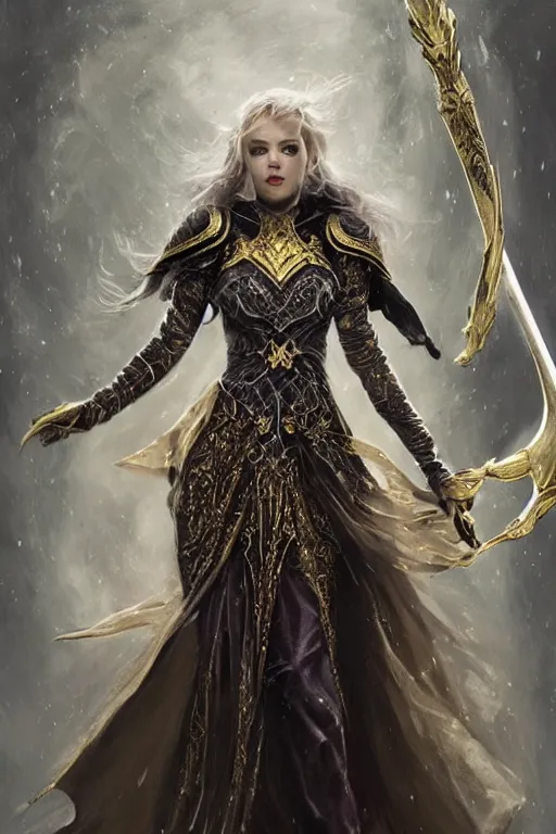 Image similar to a muse of beauty, Elspeth Knight Errant, long flowing cape and cowl, silver and gold heavy armour, long magical staff with ruby gems, young female face, liquid magic, cinematic top lighting, insanely detailed and intricate, face by wlop, Charlie Bowater, golden ratio, symmetric, elegant, ornate, luxury, elite, matte painting, MTG, magic the gatheing, cinematic, cgsociety, 8k, high resolution, trending on artstation, deviantart and pinterest