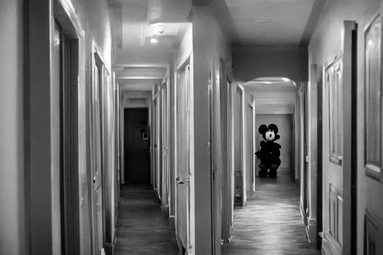 Prompt: a photo of a very long backrooms hallway with a creepy looking mickey mouse at the end of the hallway, staring with an evil grin, dark, horror, detailed