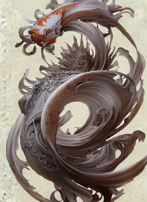 Image similar to subsurface scattering, white, koi, samurai deity with koi armor, art nouveau swirls, octane render, by jesper ejsing, james jean, justin gerard, tomasz alen kopera, cgsociety and fenghua zhong, highly detailed, rim light, cinematic lighting, art, very coherent, cinematic, hyper realism, high detail, 8 k