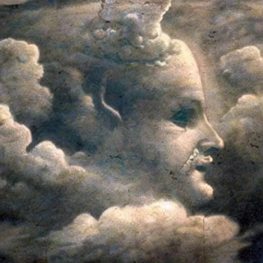 Prompt: babylonian god in the clouds looking over humanity