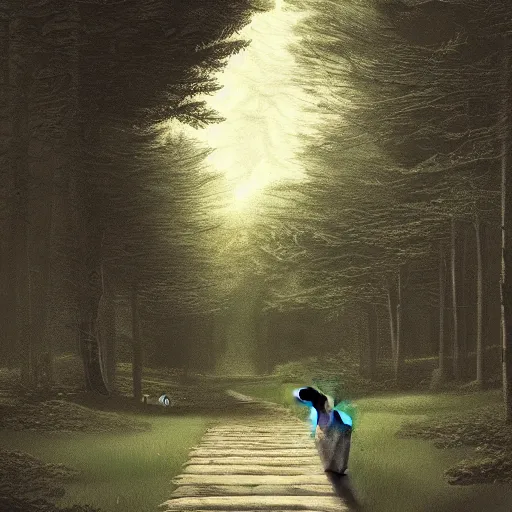 Image similar to matte painting of a tabby cat walking on a path in a dark moonlit Maine forest, serene, highly detailed, by caravaggio and alan lee, trending on artstation, 4k