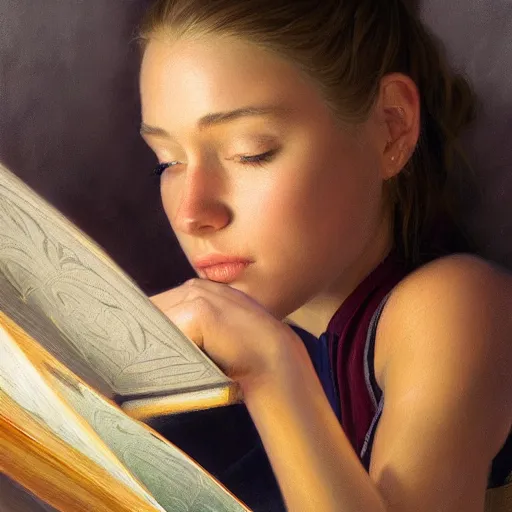 Image similar to a portrait of girl reading a book, detailed, centered, digital painting, artstation, concept art, donato giancola, Joseph Christian Leyendecker, WLOP, Boris Vallejo, Breathtaking, 8k resolution, extremely detailed, beautiful, establishing shot, artistic, hyperrealistic, beautiful face, octane render