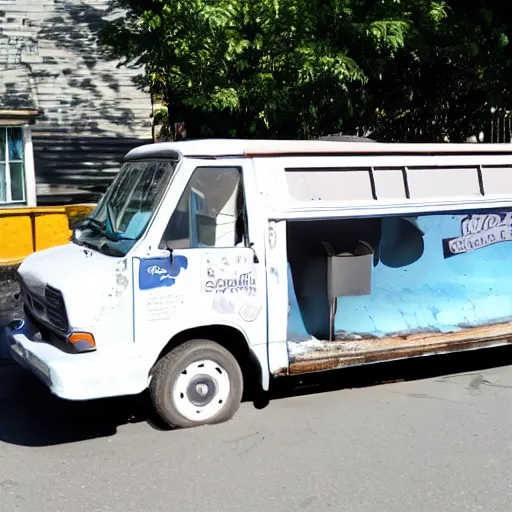 Prompt: a melting ice van outside on the street, sunny day