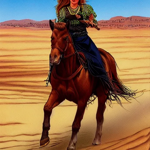 Prompt: girl riding a horse through cold desert landscape, by larry elmore