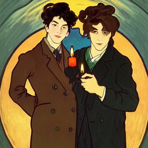 Image similar to painting of young cute handsome beautiful dark medium wavy hair man in his 2 0 s named shadow taehyung and cute handsome beautiful min - jun together at the halloween! party, bubbling cauldron!, candles!, smoke, autumn! colors, elegant, wearing suits!, delicate facial features, art by alphonse mucha, vincent van gogh, egon schiele