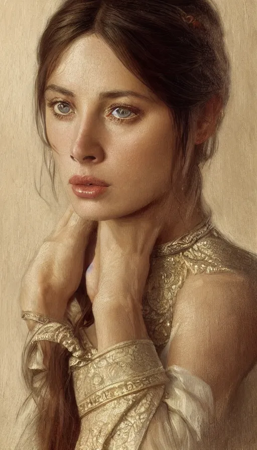 Image similar to young emanuelle beart, traditional bulgarian clothing, fame of thrones, fibonacci, sweat drops, intricate fashion clothing, insane, intricate, highly detailed, surrealistic, digital painting, artstation, concept art, smooth, sharp focus, illustration, unreal engine 5, 8 k, art by artgerm and greg rutkowski and alphonse mucha