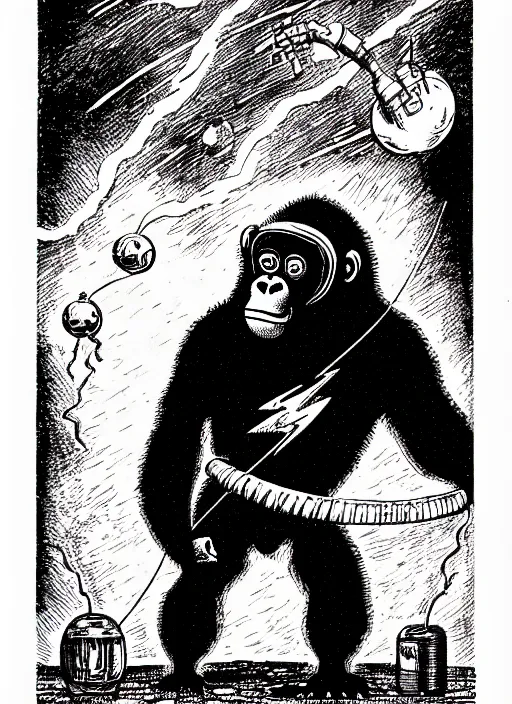 Image similar to a gorilla wearing a space helmet throwing lightning from his hands, as a d & d monster, full body, pen - and - ink illustration, etching, by russ nicholson, david a trampier, larry elmore, 1 9 8 1, hq scan, intricate details, inside stylized border