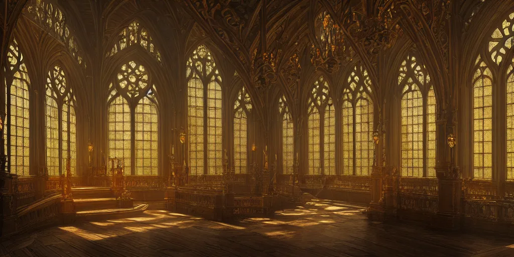 Prompt: majestic ornate great hall, grand library, baroque, torches, stained glass windows, sun light rays, vegetation, dreamy mood, Darek Zabrocki, Karlkka, trending on Artstation, 8K