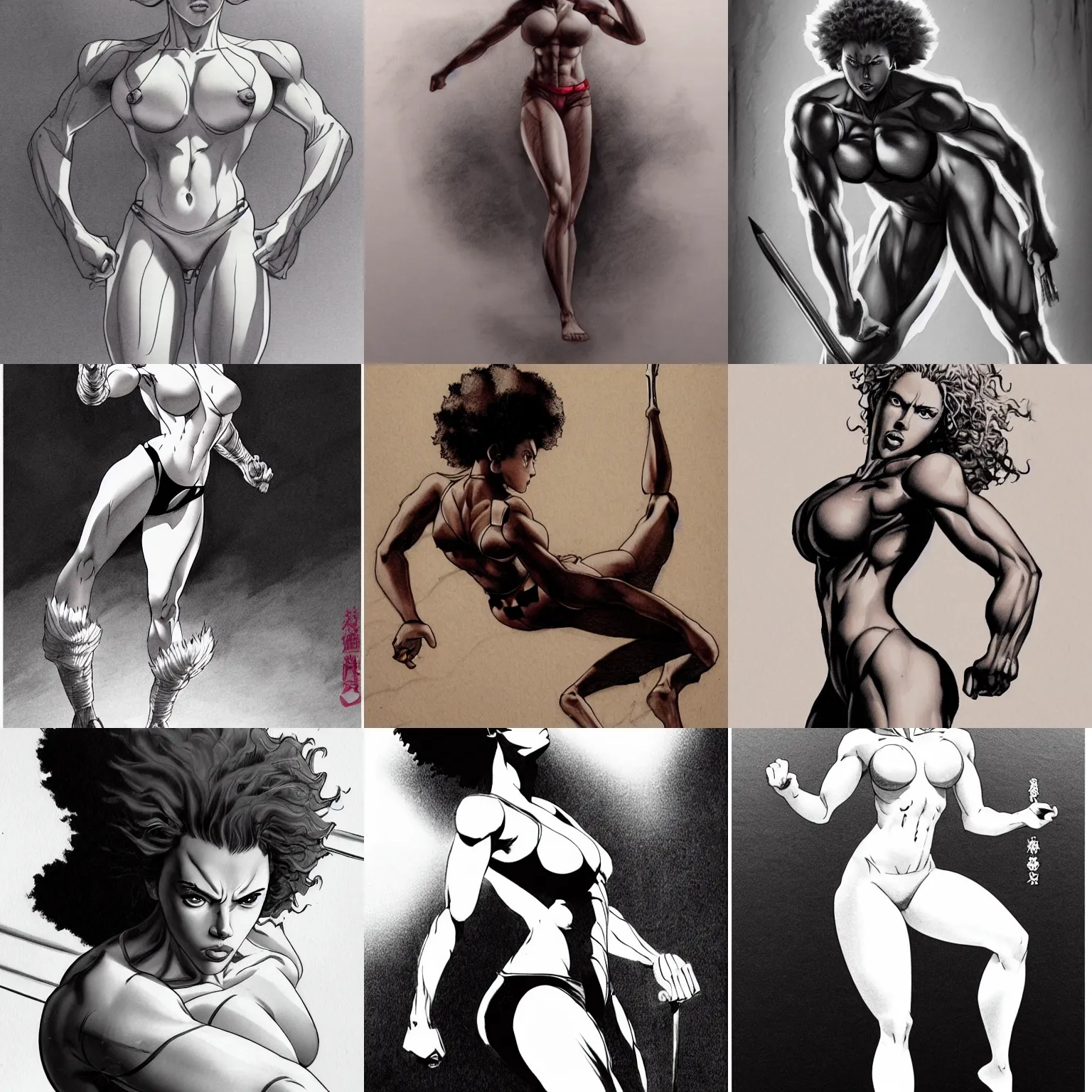 Prompt: most strongest pose, scarlett johansson as baki with perfect symmetrical anatomical proportions, afro samurai anime style, by greg rutkowski, pencil and ink, dramatic lighting, full body profile pose, full swim suite