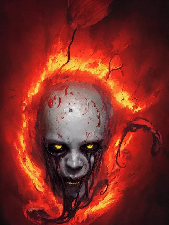 Image similar to painting by greg rutkowski of a flying sorrowful looking human head with tears running down it's eyes, face that is chalk white in color, with long sprawling white tentacles stemming down it's neck, fiery scorching red eyes, flying in a terrying hellish dark cavernous place