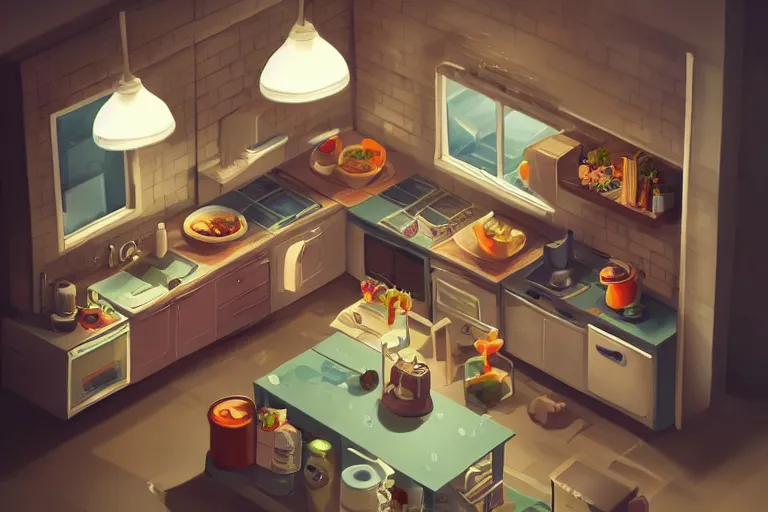 Image similar to cute kitchen, refrigerator, sink, isometric art, bright, artstation, highly detailed, cinematic lighting + masterpiece