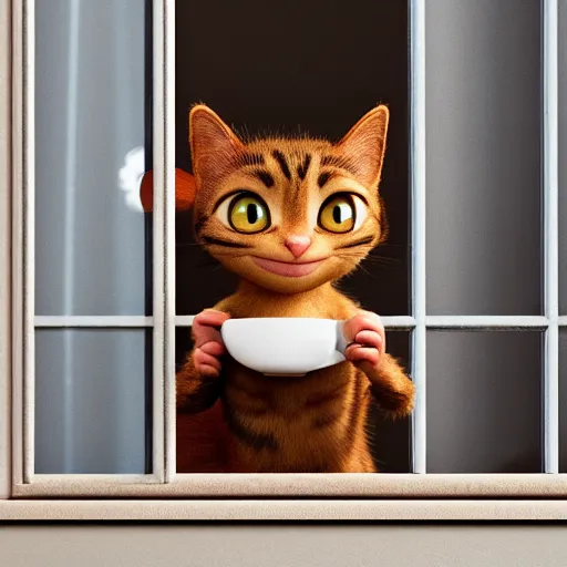 Image similar to a happy cat with big eyes looking for a cup of coffee in beautiful morning at a house window, viewed from outside. Pixar Disney 4K 3d render funny animation movie Oscar winning trending on ArtStation and Behance. Ratatouille style.