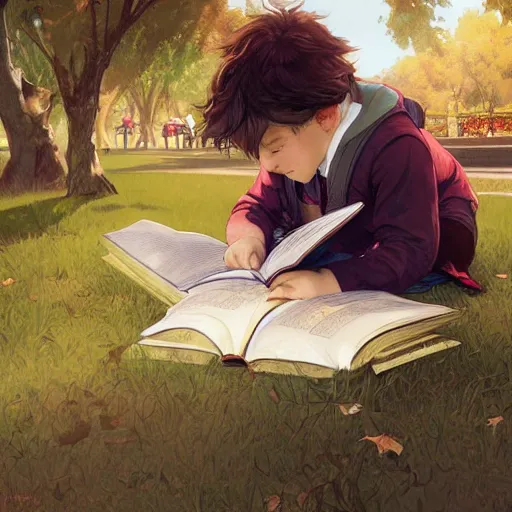 Image similar to Kid reading a book in a park, fall in love with reading, highly detailed, digital painting, artstation, concept art, sharp focus, illustration, art by artgerm and greg rutkowski and alphonse mucha