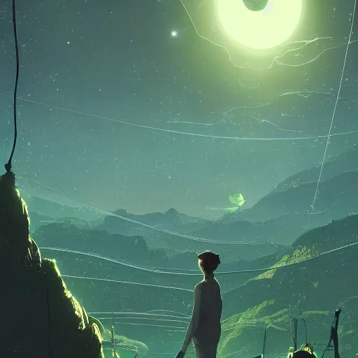 Image similar to alien world made from wires, detailed landscape, intricate complexity, 3 bright moons, green glow, by greg rutkowski, artgerm, ross tran, conrad roset, takato yomamoto, ilya kuvshinov. 4 k, beautiful, cinematic dramatic atmosphere