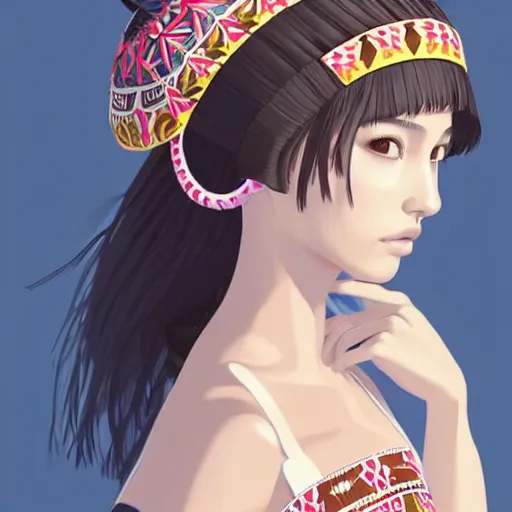Image similar to a beautiful young japanese natalie portman alluring gravure model, stylized concept art, wearing elegant designer bomber jacket and one piece bikini, bomber jacket with mesoamerican patterns, mesoamerican native street fashion, princess mononoke, painted by ilya kuvshinov aesthetic, gorgeous, stunning, alluring, attractive, artstation, pinterest, digital art
