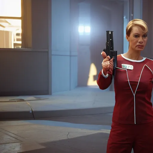 Prompt: Jess bush as nurse chapel from Star Trek: strange new worlds holding a gun after a fight in night city, cyberpunk, 8k ultra realistic, award winning, unreal engine 5, masterpiece