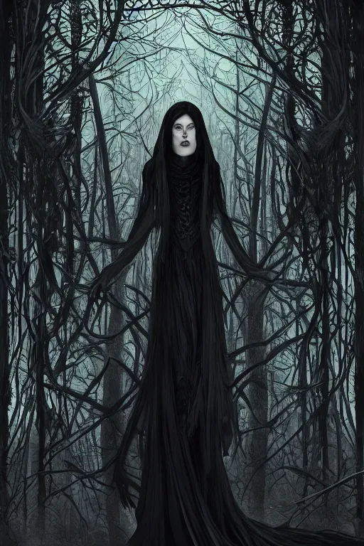 Prompt: portrait of evil witch woman in front of sinister deep dark forest ambience, in style of dark fantasy art, in style of Midjourney, stylized, detailed and intricate, mandelbulber fractal, elegant, ornate, horror, elite, ominous, haunting, beautiful digital painting, cinematic, cgsociety, Alphonse Mucha, James jean, Noah Bradley, Darius Zawadzki, vivid colors and vibrant outlines