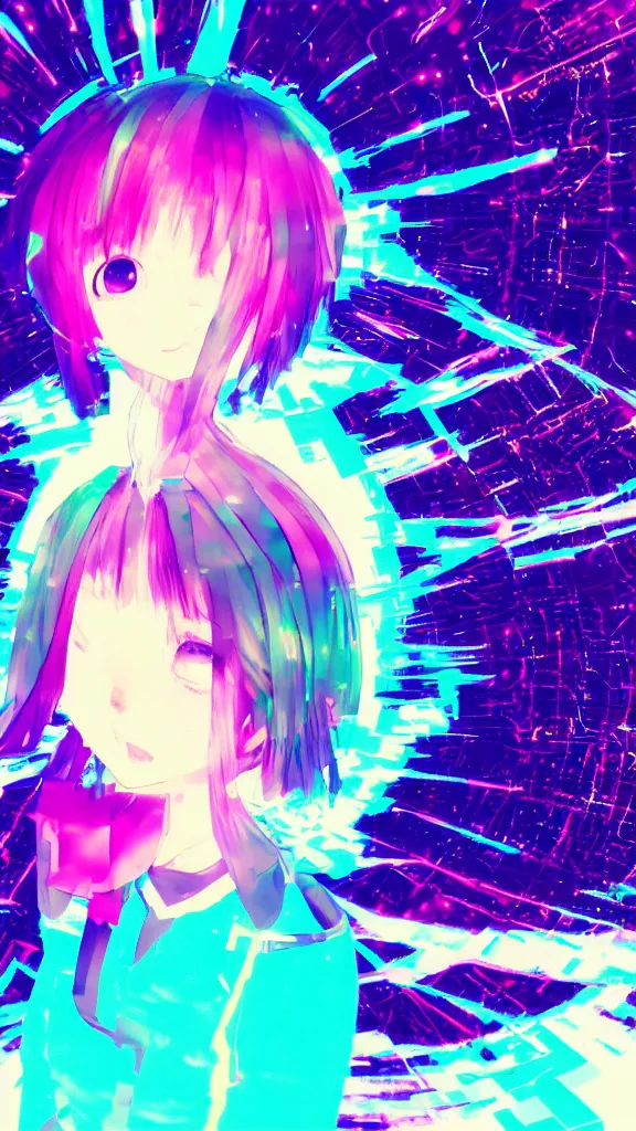 Prompt: Anime girl, glitchy, glitch art, Chromatic aberration, girl in white dress , halo over her head, nobody knows the future