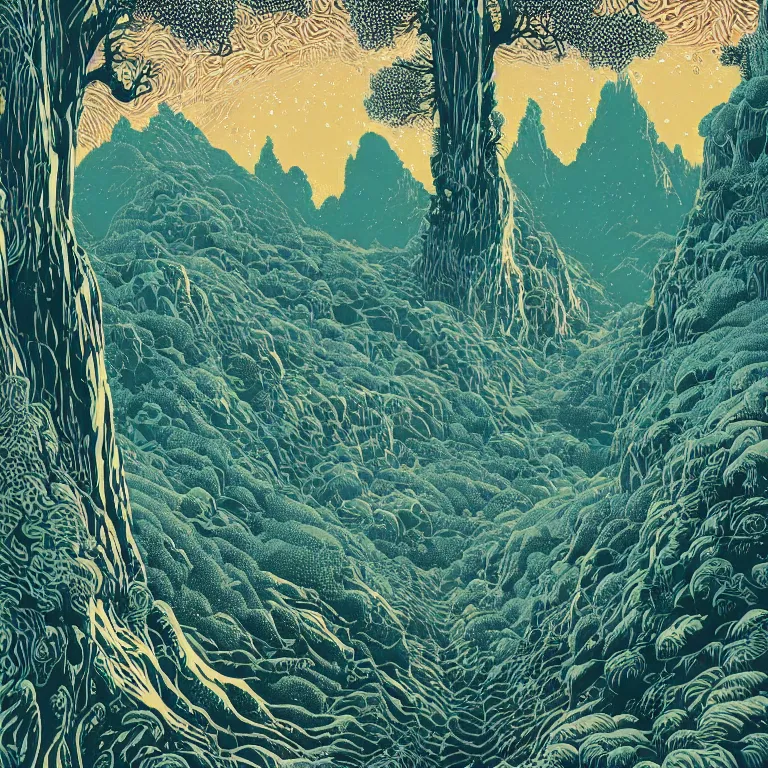 Image similar to linocut print of fantasy forest, amazing art, mountains, highly detailed, color, masterpiece, by victo ngai, craig mullins