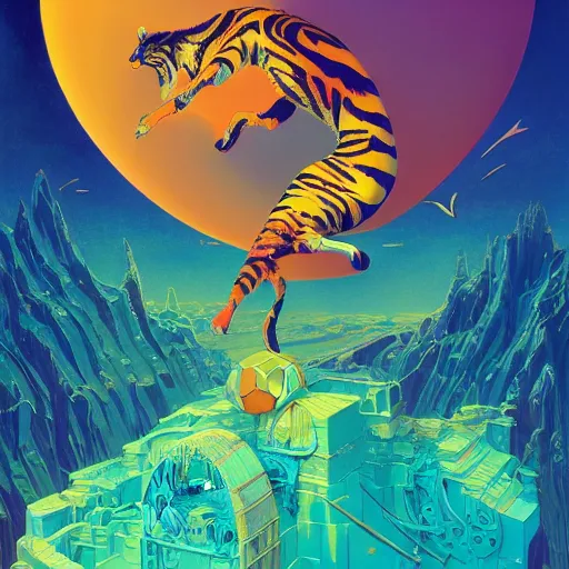 Image similar to colourful breathtakingly weird beautiful powerful magical wonderfully majestic beautifully cool isometric tiger by michael whelan and moebius and beeple and kilian eng and dan mcpharlin and pascal blanche and jamie hewlett and richard dadd, 8 k artstation