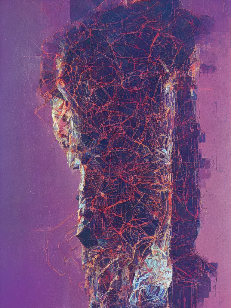 Prompt: a beautiful glitched architectural study painting by peter vahlefeld of a glitched human nervous system by robert proch, color bleeding, pixel sorting, copper oxide material, brushstrokes by jeremy mann, studio lighting, pastel purple background, square glitches