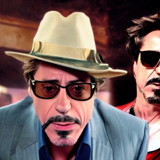 Image similar to robert downey jr. starring in weekend at bernie's 3, robert downey jr with rotten flesh, bernie's rotting corpse in a vegas casino.