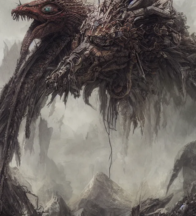 Image similar to hyper realistic portrait of postapocalyptic quetzalcoatl, cinematic, symmetric, dark crystal, artstation, cgsociety, alan lee, brian froud, jean baptiste monge, scott radke