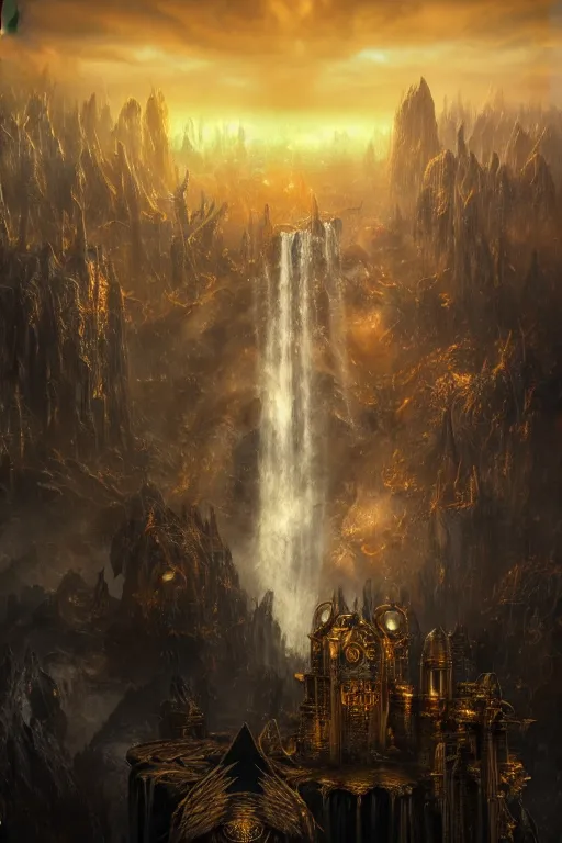 Prompt: aerial view, golden hour, at the dawn of time, golden lighting, nightmare, in a symbolic and meaningful style, dark fantasy city, waterfall, warhammer style, highly detailed, digital painting, trending on artstation, gradient silver to gold, concept art, sharp focus, illustration, octane render, art by artgerm and greg rutkowski and magali villeneuve