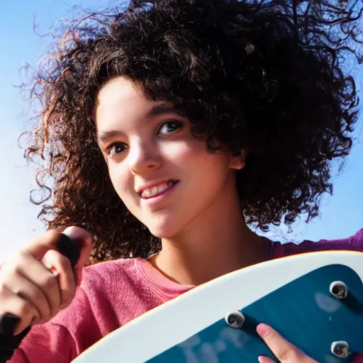 Image similar to a girl with curly black hair holding a skateboard, Backlighting