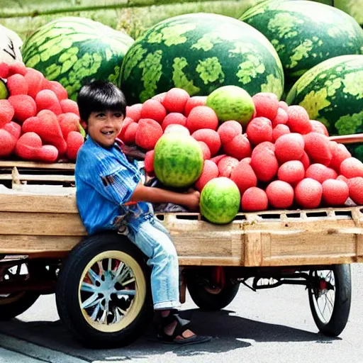 Image similar to a tricycle full of watermelons, an asian boy fell asleep in the car, summer