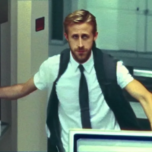 Image similar to CCTV footage of Ryan Gosling robbing a bank, recording tv static