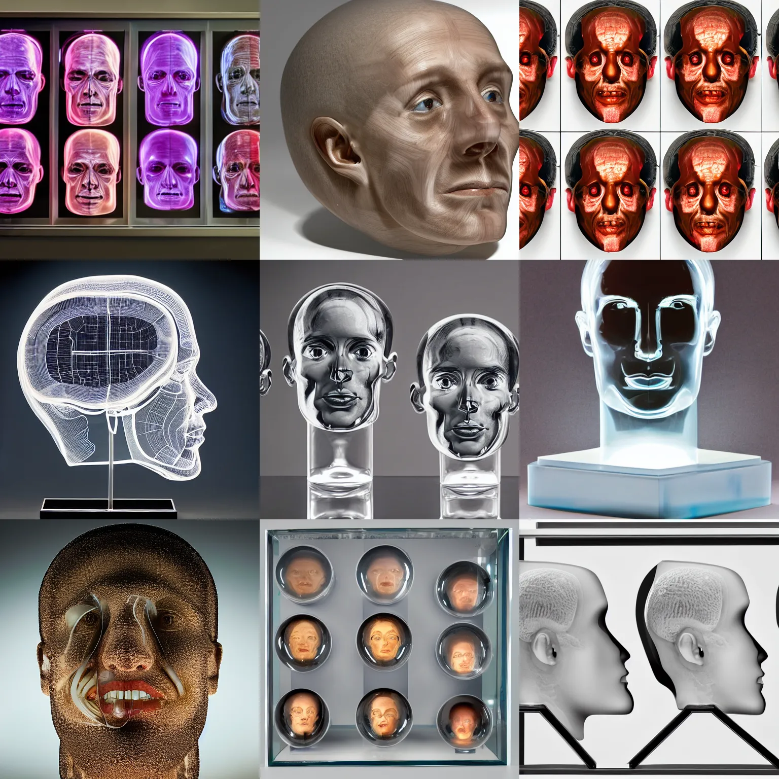 Prompt: cross sections of a human head in glass display, product photo