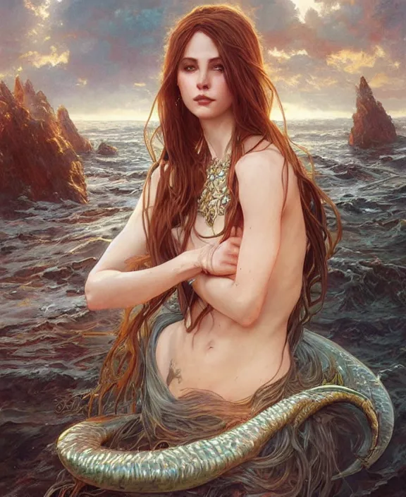 Image similar to portrait of a powerful mermaid sorceress, full body, d & d, fantasy, intricate, elegant, highly detailed, digital painting, artstation, concept art, art by artgerm and greg rutkowski and alphonse mucha