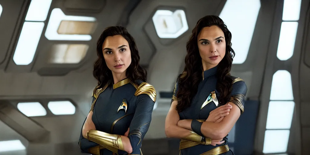 Image similar to Gal Gadot, in full starfleet uniform, is the captain of the starship Enterprise in the new Star Trek movie