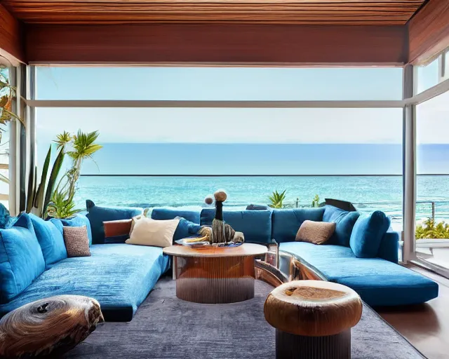 Image similar to A modern living room in a ocean hues style next to a big terrace overlooking the ocean, a luxurious wooden coffee table with large seashells on top in the center, amazing detail, 8k resolution, inspired by the ocean, calm, relaxed style, harmony, wide angle shot