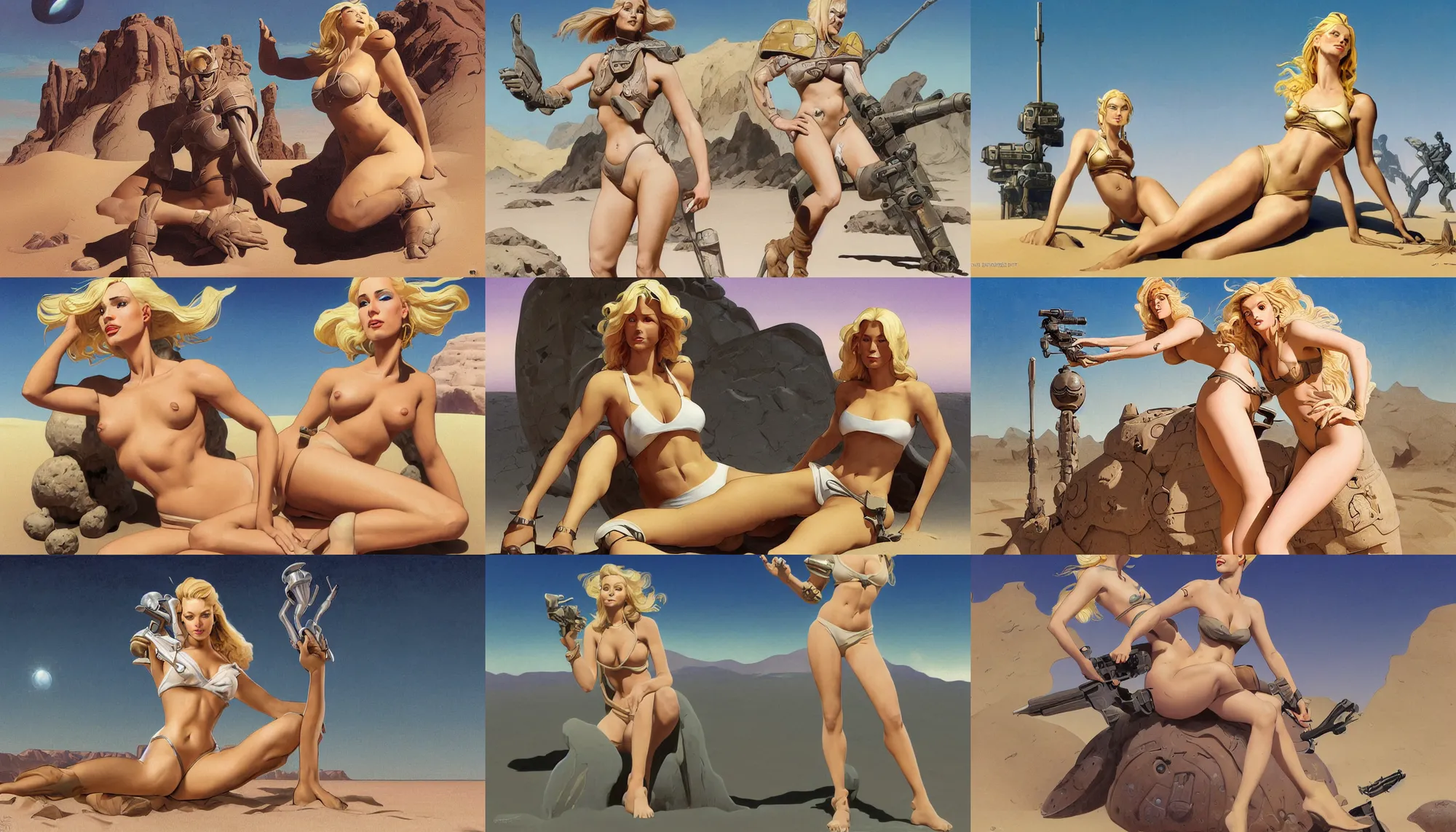 Prompt: A mixed media portrait painting of a beautiful blonde woman sitting in the sand on a desert alien planet, soldier, very curvy, aesthetic! white high-waisted bikini-armor and boots, aesthetic symmetrical face and eyes, Scandinavian, by Boris Vallejo, Beeple, Frank Frazetta, Greg Rutkowski, Christian MacNevin, Alphonse Mucha, epic fantasy character art, high fantasy, CGsociety, 60's Sci-fi Pinup style, exquisite detail, post-processing, masterpiece, cinematic