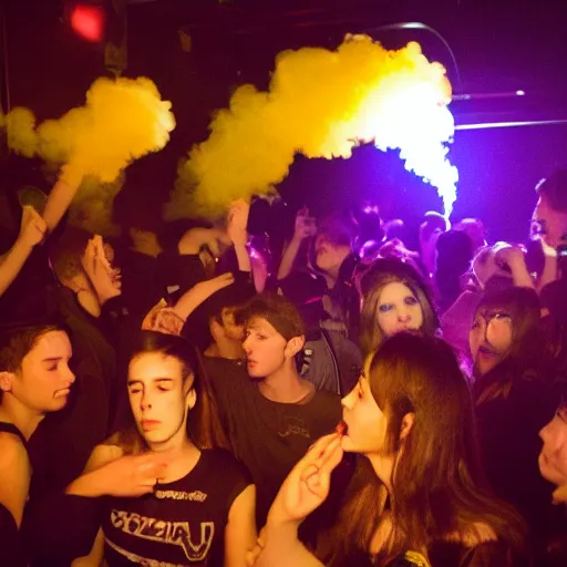 Image similar to yellow smoke surrounding a bunch of young people in a night club, surreal, dreamy
