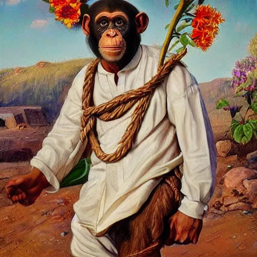 Image similar to beautiful painting by sophie anderson of a chimpanzee wearing traditional men kurdish clothes shalvar baggy pants and white shirt with a large sash tied around the waist in a kurdish village, award winning art, insanely detailed, bright colors, global illumination, cute, young, stunning